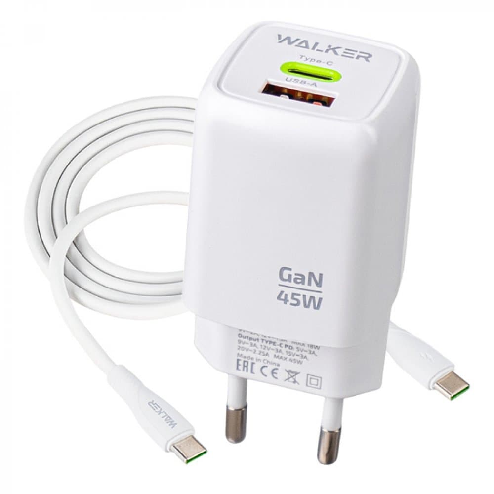 СЗУ WALKER  WH-73 GaN, 2в1, 3А, 45Вт, USB/Type-C, поддержка QC/PD + кабель Type-C-Type-C, белое