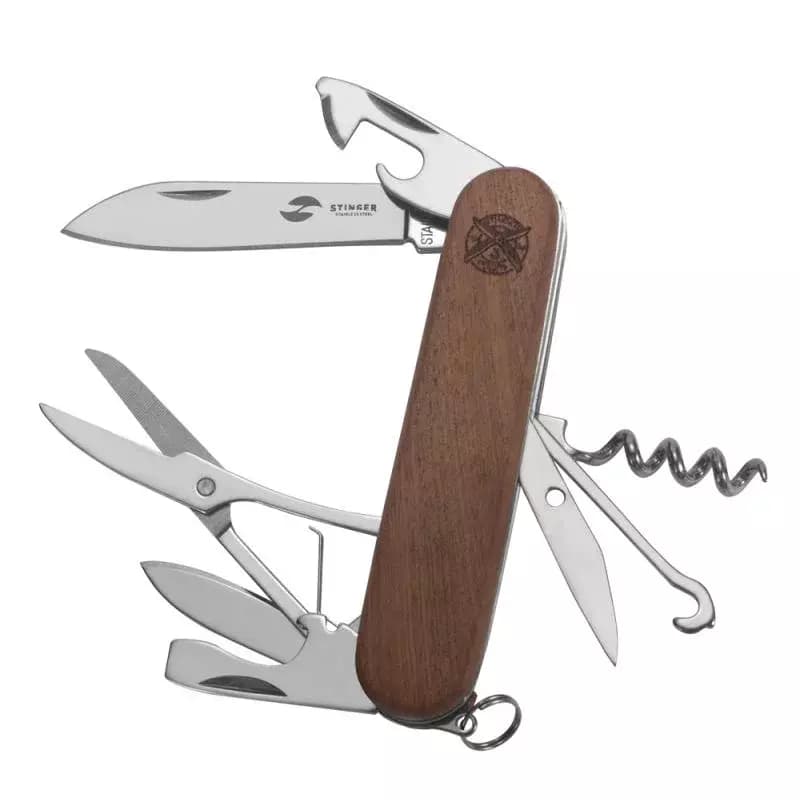Нож STINGER FK-K5019-8P перочинный древесина Сапеле/90мм/13 функций/в коробке