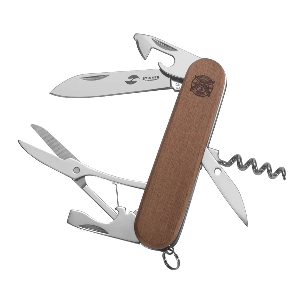 Нож STINGER FK-K5019-6PB перочинный древесина Сапеле/90мм/11 функций/в блистере