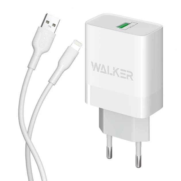 СЗУ WALKER  WH-35, 2в1, 3А, 18Вт, USB, поддержка QC + кабель для Lightning, белое